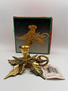 Vintage Brass Holly Leaf Candle Holder with Handle, Made in India